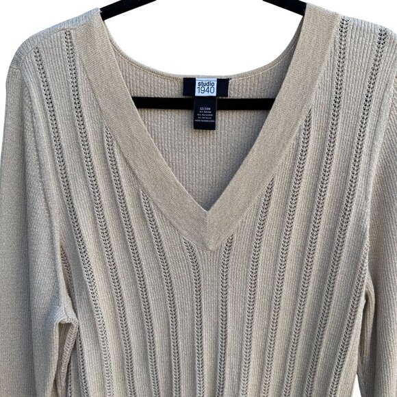Studio 1940 Womens Beige Gold Metallic Open Knit Deep V-Neck Sweater 22/24W - Picture 7 of 10